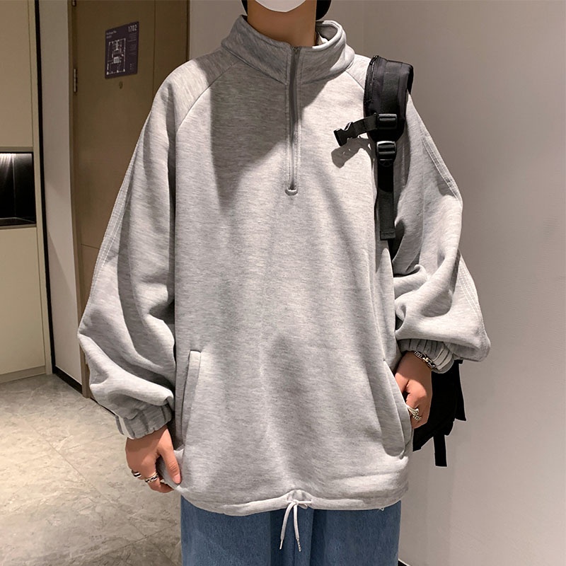 Áo khoác sweater cổ đứng tay dài dáng rộng có khóa kéo một nửa thời trang thu đông dành cho nam