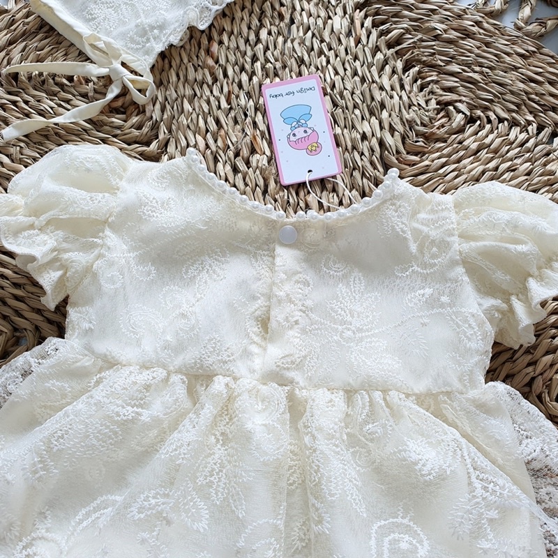 Body Váy Ren Kem Đính Ngọc 𝐍𝐇𝐈́𝐌 𝐗𝐔̀ 𝐊𝐈𝐃𝐒 Cho Bé Gái Sơ Sinh, Đầy Tháng, Thôi Nôi, Sinh Nhật Kèm Nón B038
