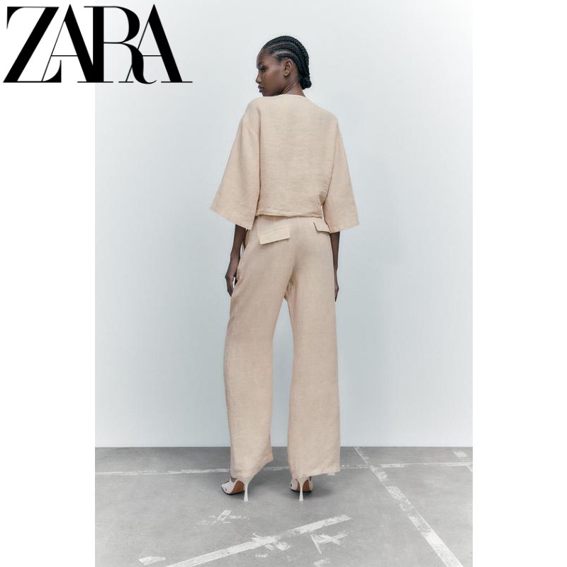 Zara Bộ Áo Sơ Mi Vải Lanh Ngắn Tay Cổ Chữ V + Quần Dài Lưng Cao Ống Rộng Thời Trang Mùa Hè 8291500 8292500