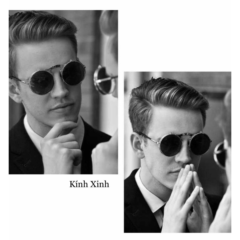 Kính râm Mắt Tròn Nhỏ Thầy Bói 2 Tròng Gọng Kim Loại Lò Xo Cao Cấp