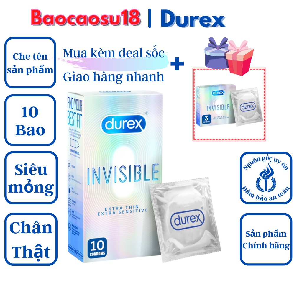 Bao cao su Durex Invisible Extra Thin siêu mỏng 10 bao  | Bao cao su siêu mỏng, tăng cường gel.