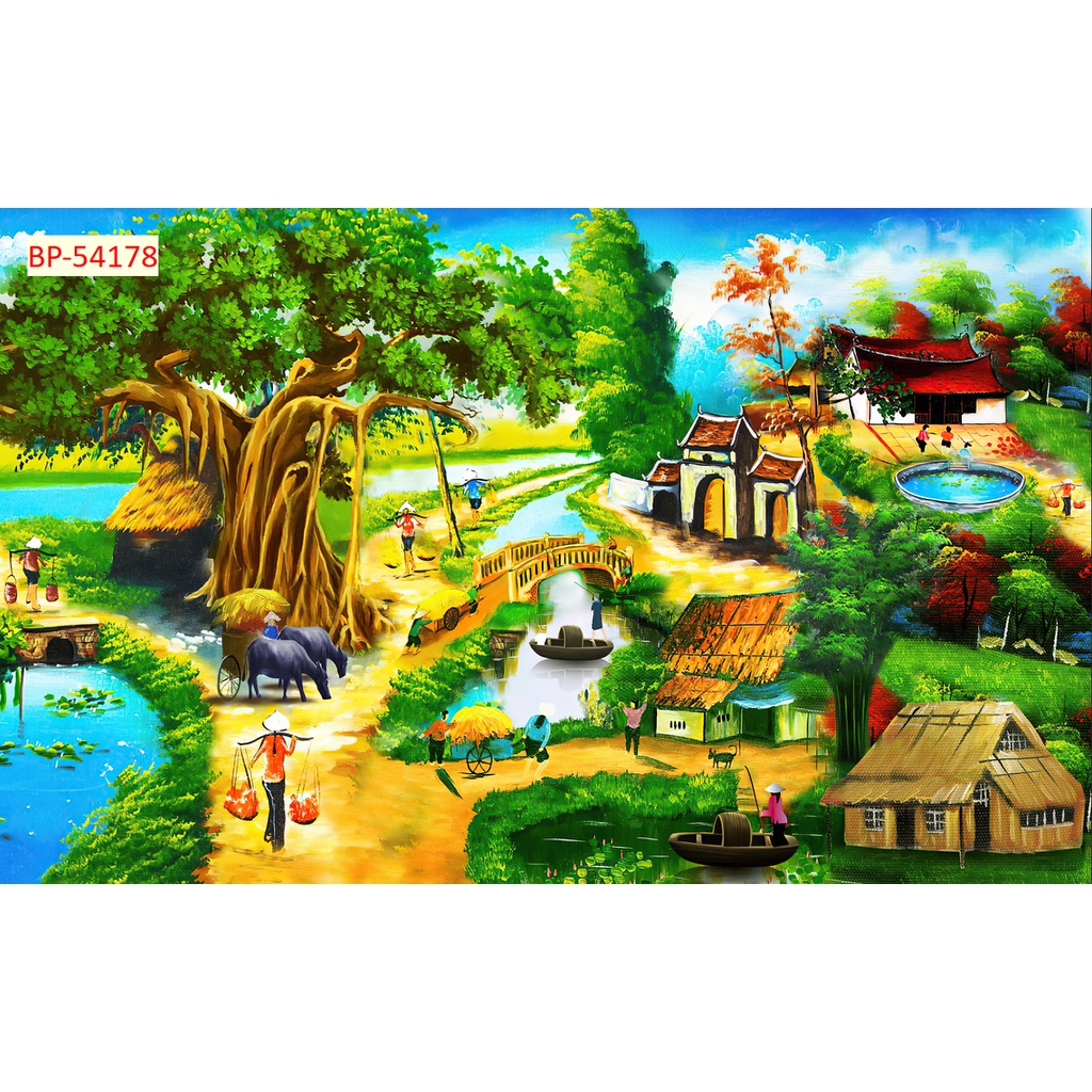 Tranh Dán Tường 3D Đồng Quê Cầu Tre Xuối Nước Xanh Biếc Tặng keo và dụng cụ dán tự thi công đơn giản