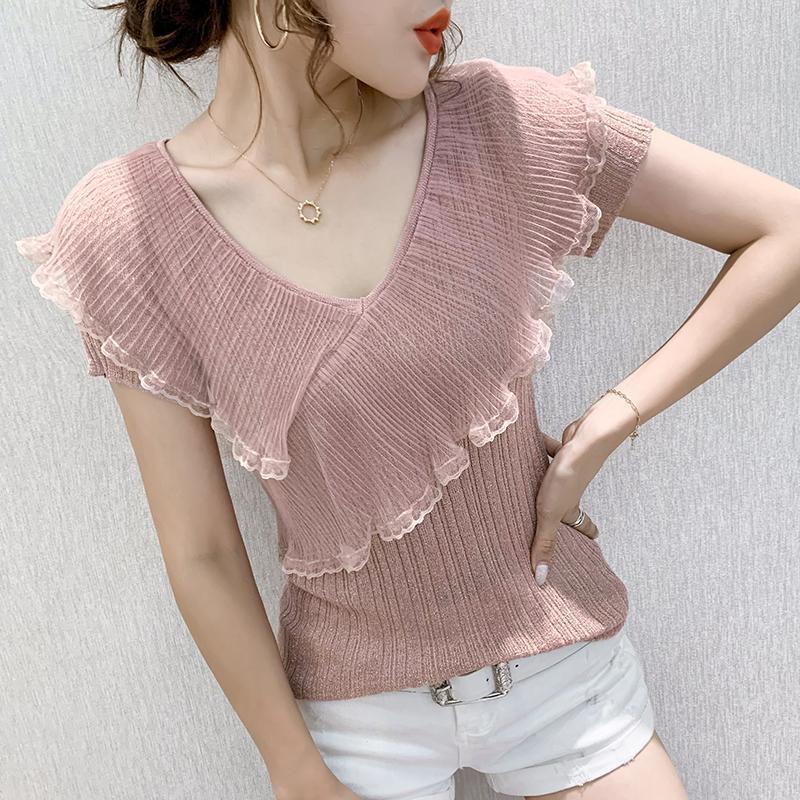 Áo Sweater Mỏng Tay Ngắn Cổ Chữ V Phối Bèo Thời Trang Mùa Hè Hàn Quốc Cho Nữ
