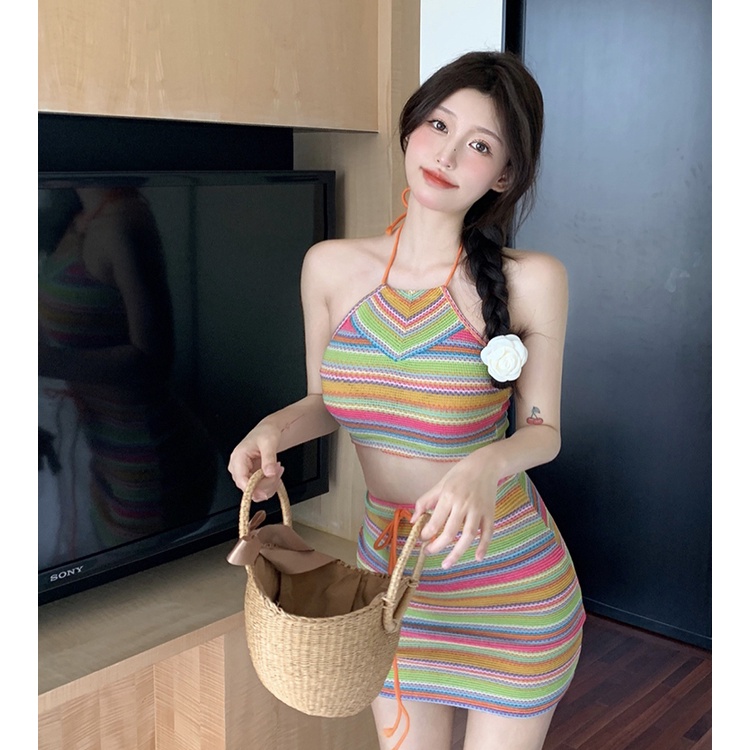 Jane Set áo yếm croptop + chân váy ngắn Boho cầu vồng rực rỡ diện hè
