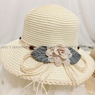 Nón cói,mũ cói nữ đi biển vành nhỏ viền bo cách điệu phối hoa lá dập ly vintage_q12 hoa lá dập ly (Latys)