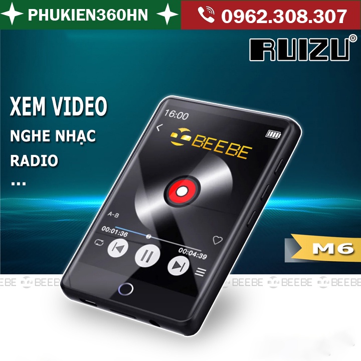Ruizu M6 - Máy Nghe Nhạc Màn Hình Cảm Ứng 2.8 Inches, Bluetooth 5.0, Loa Ngoài, Pin 50h, Hỗ Trợ Thẻ Nhớ 128gb