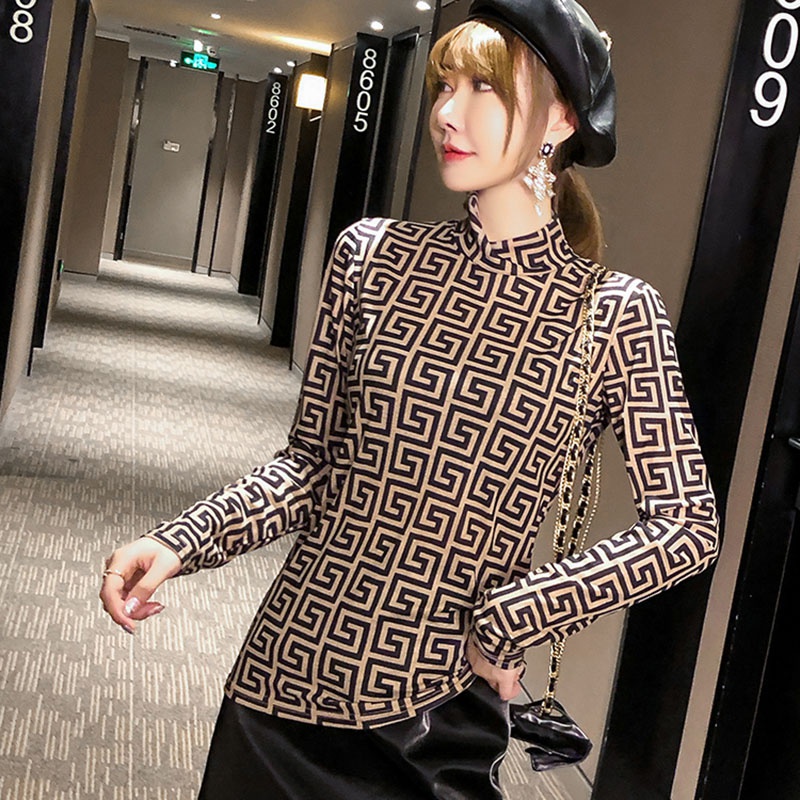 Áo Thun Dài Tay Ôm Dáng Họa Tiết Da Báo Cổ Cao Xinh Xắn Phong Cách Hàn Quốc