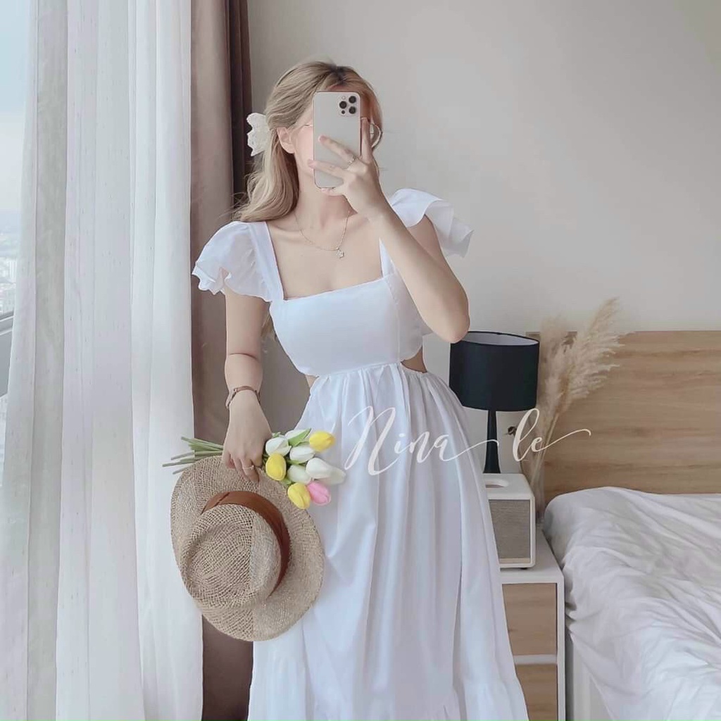 Đầm maxi đi biển khoét eo cổ vuông bèo vai sang chảnh nhiều màu rực rỡ (sẵn mút)