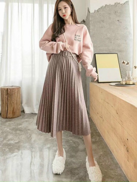 Chân váy dạ nhũ xếp ly dáng dài kèm đai hàng Quảng Châu hot hit | BigBuy360 - bigbuy360.vn