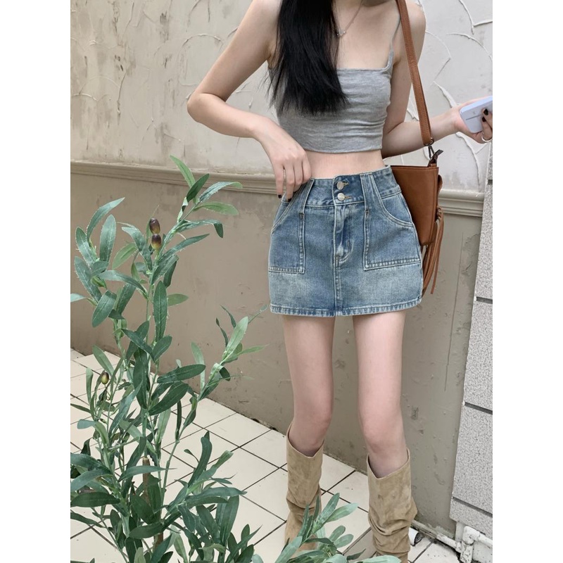 Cocory vn Chân váy jean Lưng Cao Phối Nút Thời Trang Retro Dành Cho Nữ