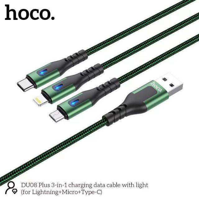 Cáp Sạc Dù Báo Đèn LED 3 Đầu Hoco DU08 3in1 Chính Hãng - Sạc Nhanh 2.4A/ Dài 1.2M