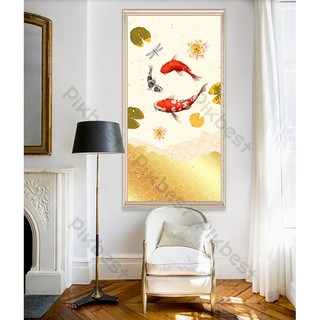 Tranh dán tường Hồ cá chép tài lộc, Tranh 3D dán tường hiện đại (tích hợp sẵn keo), MS 673689