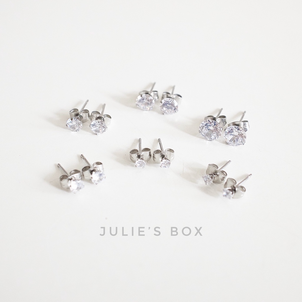 [1 CẶP] Bông Tai Inox Màu Bạc Unisex Đính Đá Tròn Đuôi Gài Không Gỉ Sét Không Ngứa Bông Tai Julies Box 66