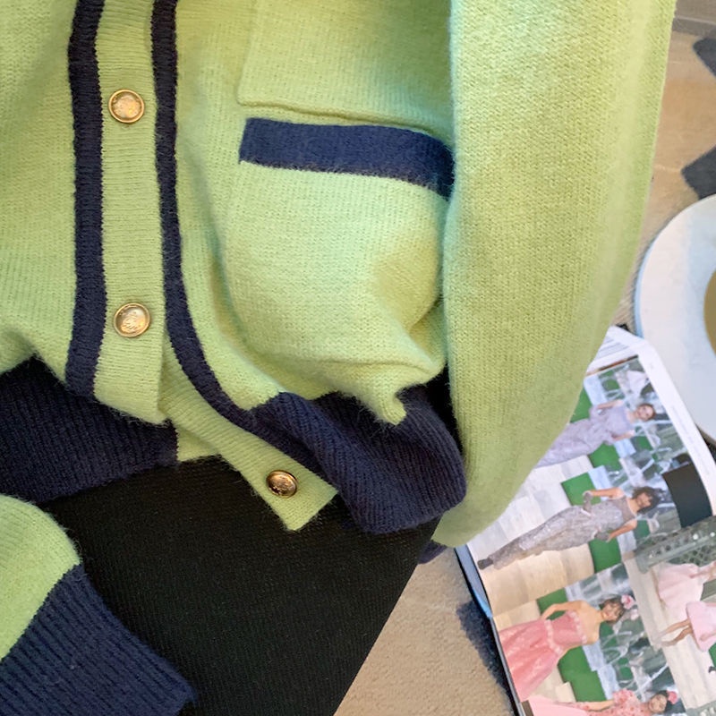 Áo Khoác Sweater Dệt Kim Dáng Ngắn Phối Màu Tương Phản Kiểu Retro Thời Trang Mùa Thu Cho Nữ