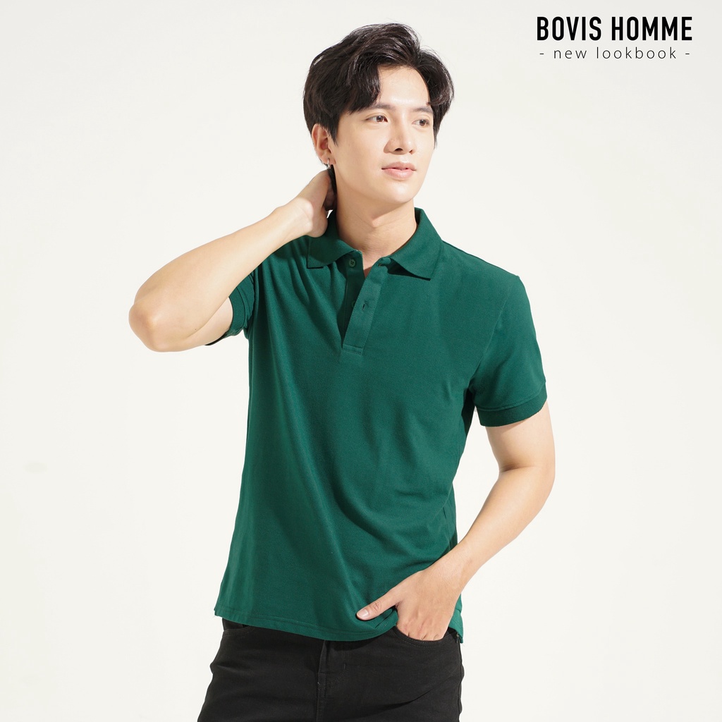 Áo Polo nam trơn Bovis Homme, Xanh lá, phom Slim-Fit vừa vặn giúp ôm dáng, chất cotton mềm mịn, thấm hút mồ hôi.