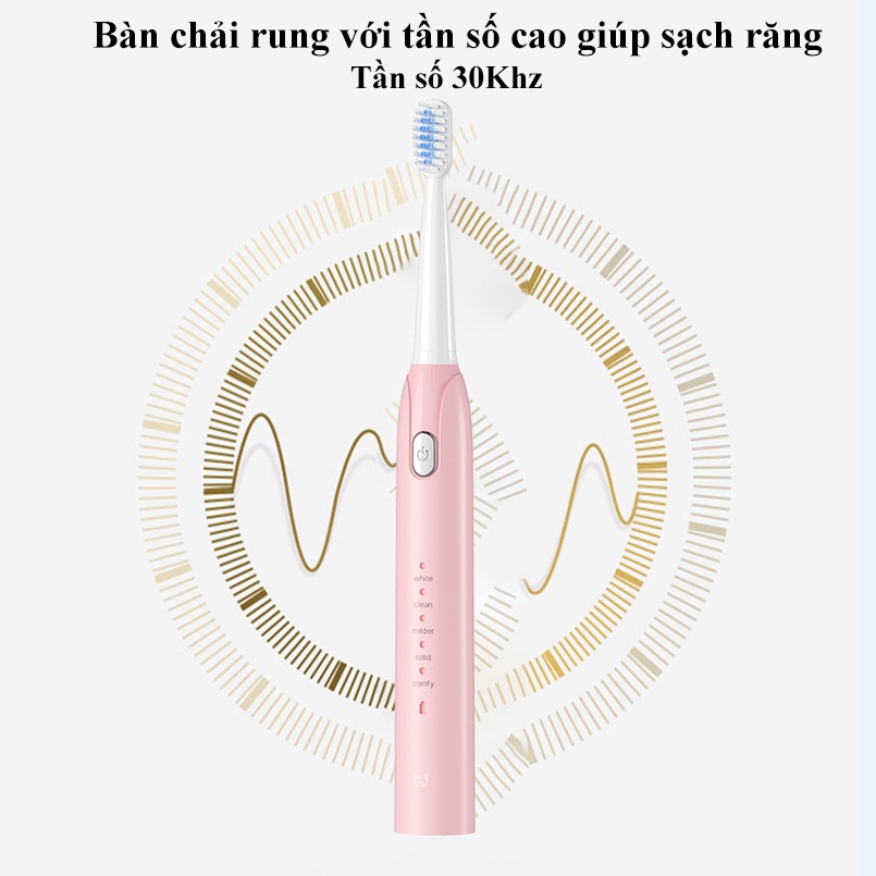 Bàn Chải Điện Đánh Răng Sạch Sâu Sóng Siêu Âm Tần Số Rung 30Khz Tích Hợp Pin Sử Dụng 60 Ngày Với 5 Chế Độ Chăm Sóc Răng