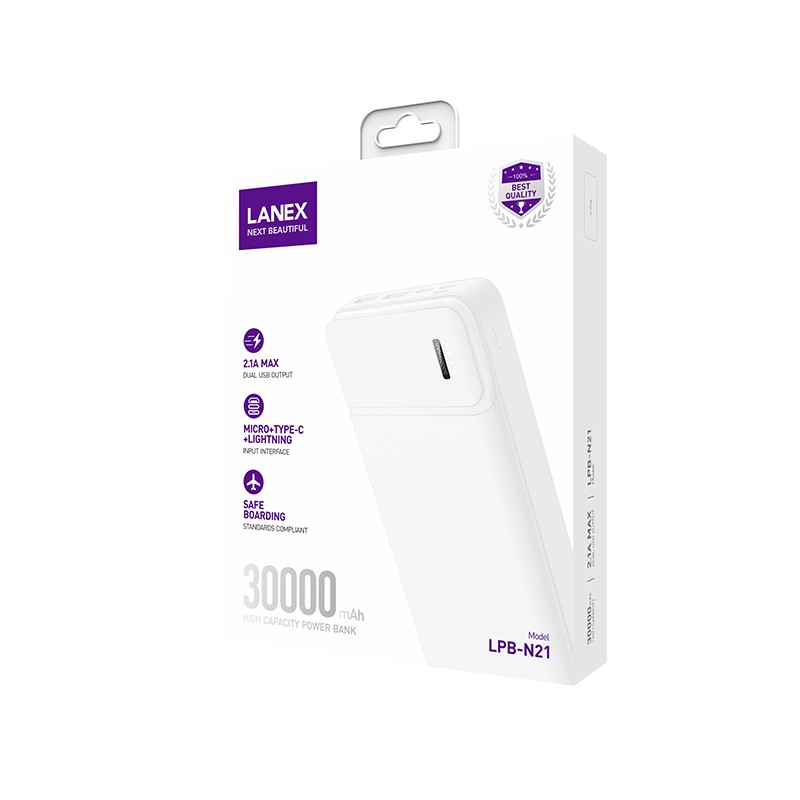 [Mã ELTECHZONE giảm 5% đơn 500K] Pin dự phòng LANEX LPB - N21 30.000mah 2 cổng sạc, có đèn LEB báo dung lượng pin