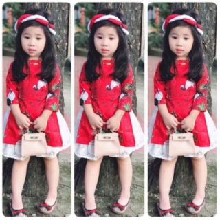 Set áo dài +mấn+chân váy ren xòe cho bé