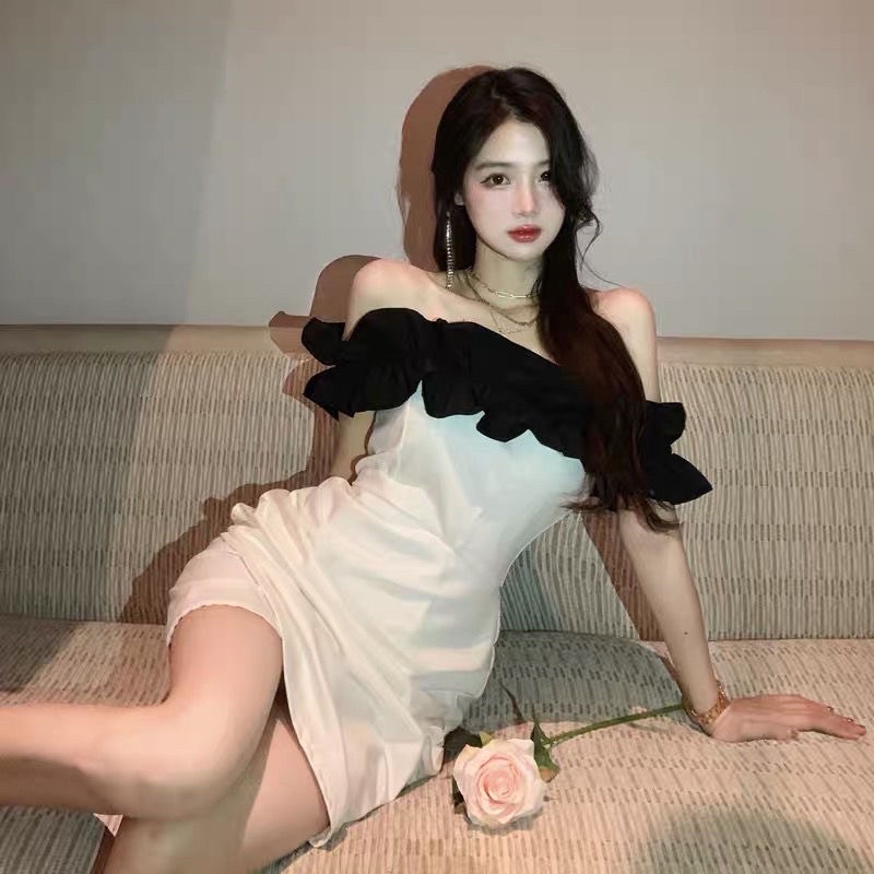 Đầm/Váy trắng trễ vai bèo đen phong cách hàn quốc | BigBuy360 - bigbuy360.vn