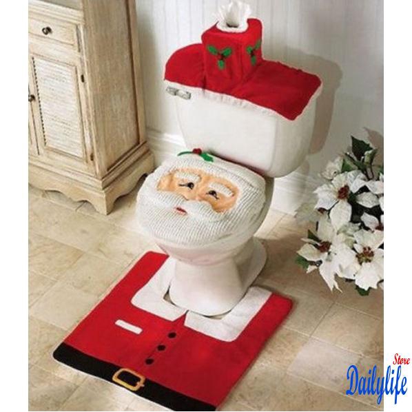 Set Đồ Bọc Toilet Kèm Thảm Và Thảm Chùi Chân Họa Tiết Giáng Sinh