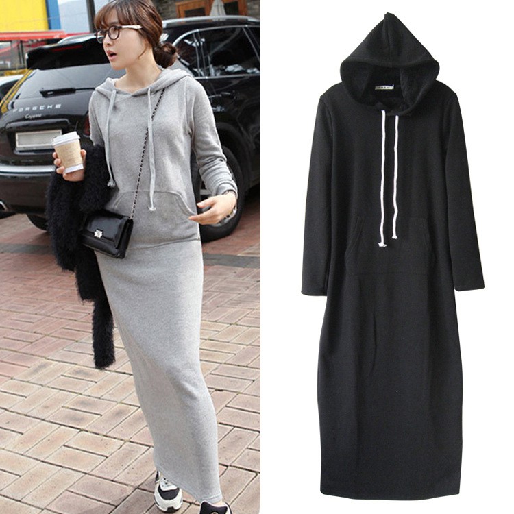 Plus Đầm Hoodie Tay Dài Phối Nhung Dày Dáng Dài Cỡ Lớn Thoải Mái Cho Nữ | BigBuy360 - bigbuy360.vn