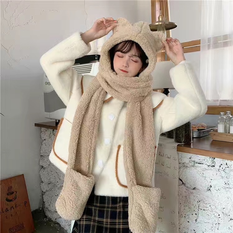Mũ len hàn quốc lông cừu tai gấu cao cấp Zozo mũ len nữ trùm đầu kèm khăn quàng cổ mùa đông giữ ấm dễ thương