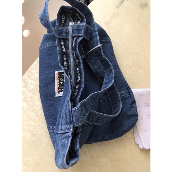 Túi tote đeo vai vải jean denim cỡ lớn MISCHIEF ulzzang Hàn Quốc (có sẵn)