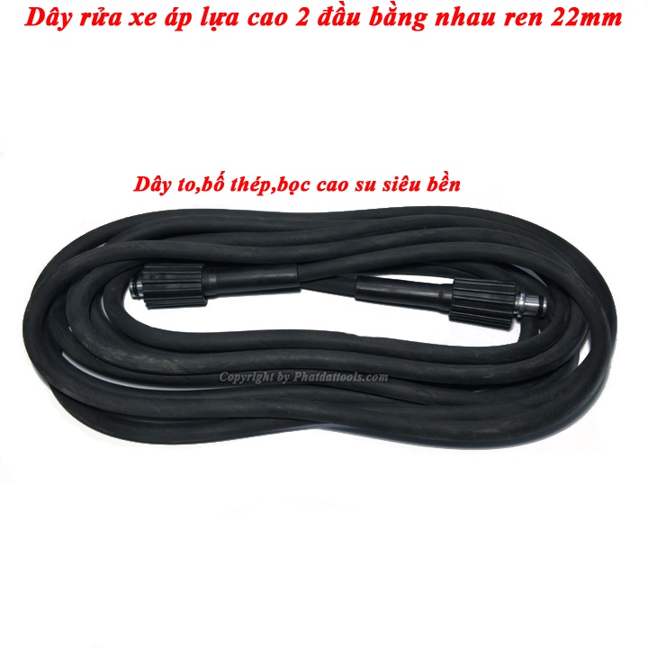 Dây áp lực cao 10m đen 2 đầu ren 22 dùng cho máy rửa xe áp lực cao - Tặng kép nối dài dây rửa xe ren 22