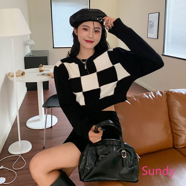 Áo Croptop Dệt Kim Tay Dài Hoạ Tiết Kẻ Sọc Phong Cách Vintage