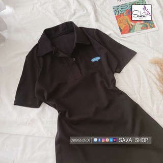 Đầm thun cổ sơ mi in logo