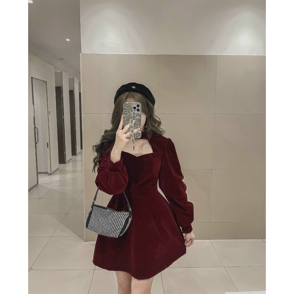 Váy Nhung Nữ Đỏ Đầm Chocker Cổ Tay Bồng Hở Ngực Tôn Dáng Sang Chảnh. | BigBuy360 - bigbuy360.vn