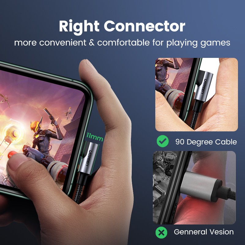 Dây cáp UGREEN bện nylon dạng góc 90 độ MFI cổng USB-C sang Lightning tùy chọn kích thước