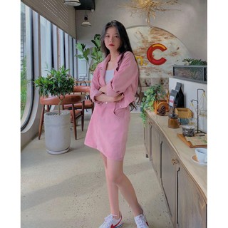 Set vest hồng (áo khoác+ chân váy) kèm ảnh feeback thật
