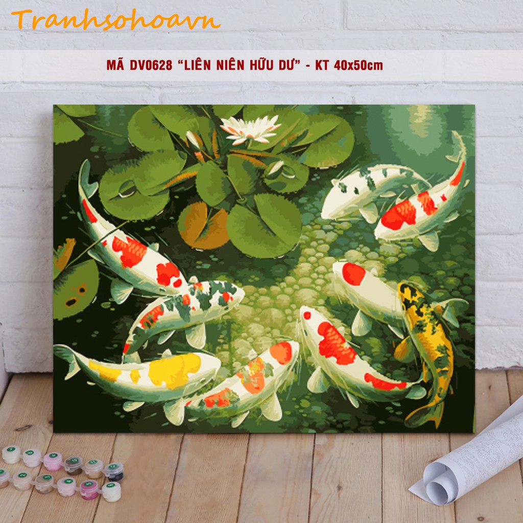 Tranh tô màu theo số Tranhsohoavn 🎨CHUẨN MÀU🎨 Cá chép cá Koi Liên niên hữu dư Cửu ngư quần hội DV0628