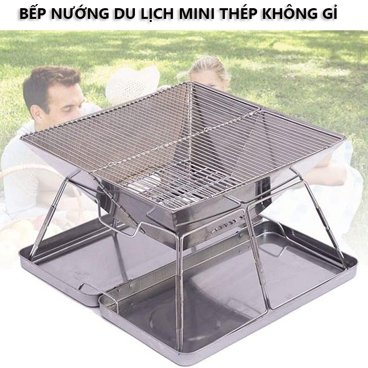 Bếp nướng vỉ nướng than hoa gấp gọn du lịch, dã ngoại inox siêu bền