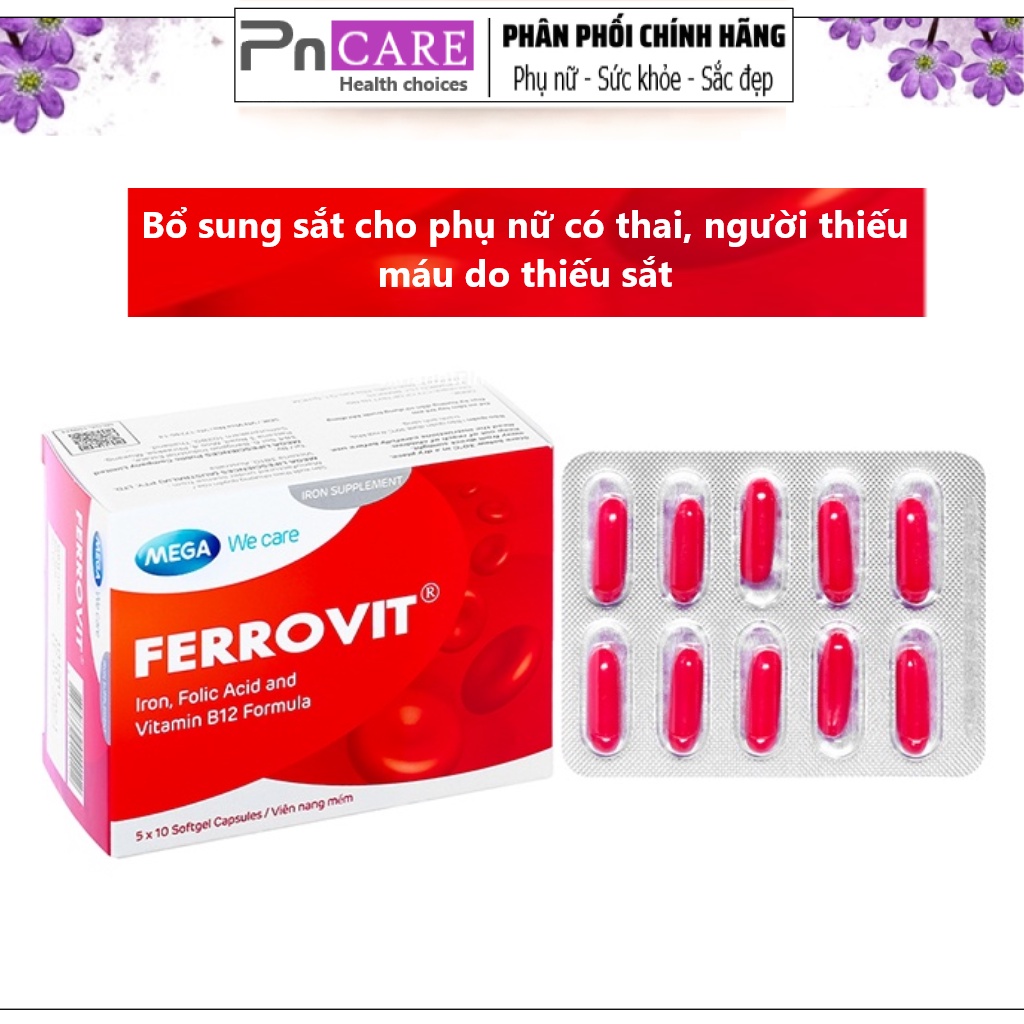 PnCARE | Viên Bổ Sung Sắt FERROVIT Hộp 50v -  Dùng cho Phụ Nữ Có Thai, Người Thiếu Máu do Thiếu Sắt