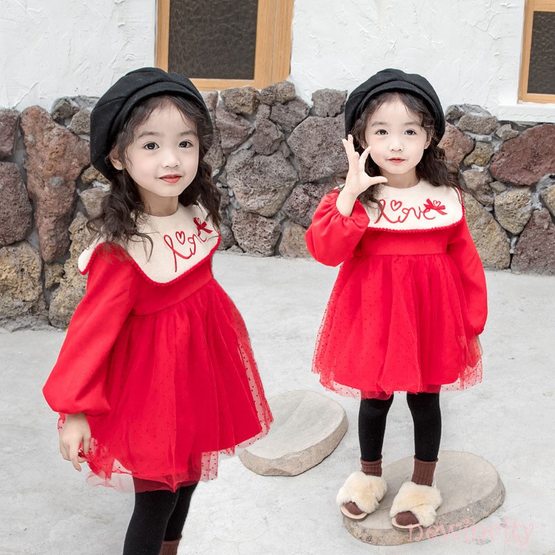 Đầm nhung phối lưới màu đỏ phong cách Hàn Quốc cho bé gái