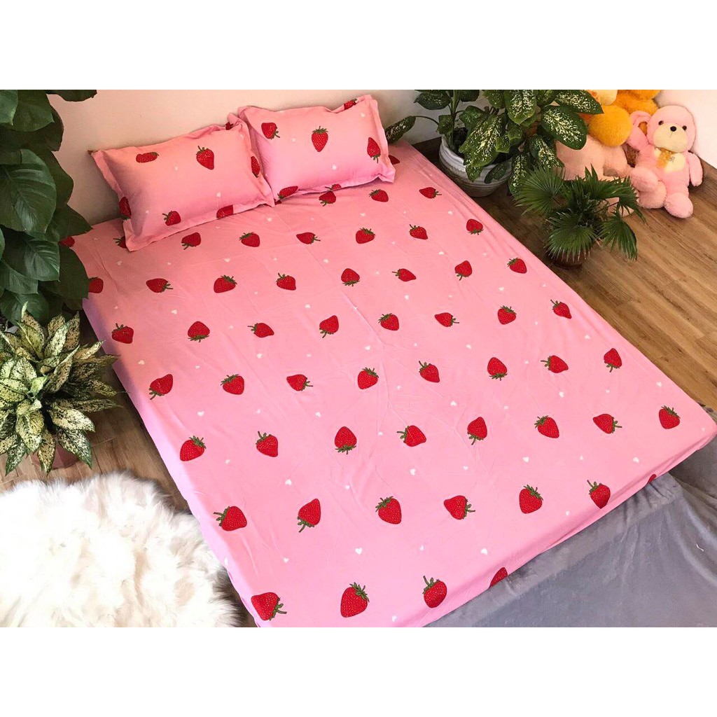 Sét Chăn hè ga gối Cotton Poly Emmidecor Mẫu Dâu Tây Hồng
