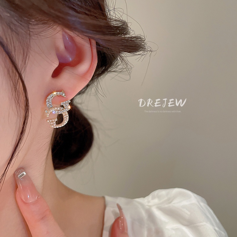 DREJEW Khuyên tai mạ bạc đính kim cương và ngọc trai phong cách Hàn Quốc sang trọng thời trang cao cấp