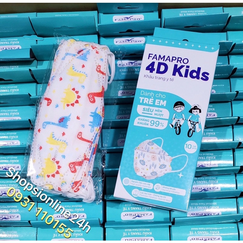 ✅ Hộp 10 cái khẩu trang 4D , kf94 cho bé Famapro Nam Anh hình khủng Long