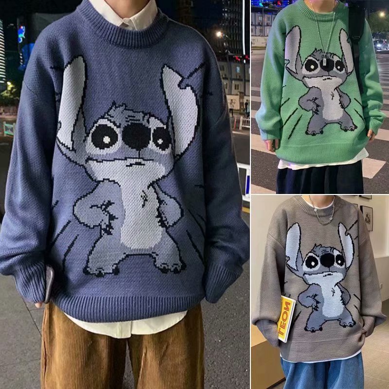 ✦ AFFLIGA ✦Áo sweater cổ tròn dáng rộng màu trơn in hoạt hình Stitch kiểu Nhật Hàn thời trang mùa đông cho nam