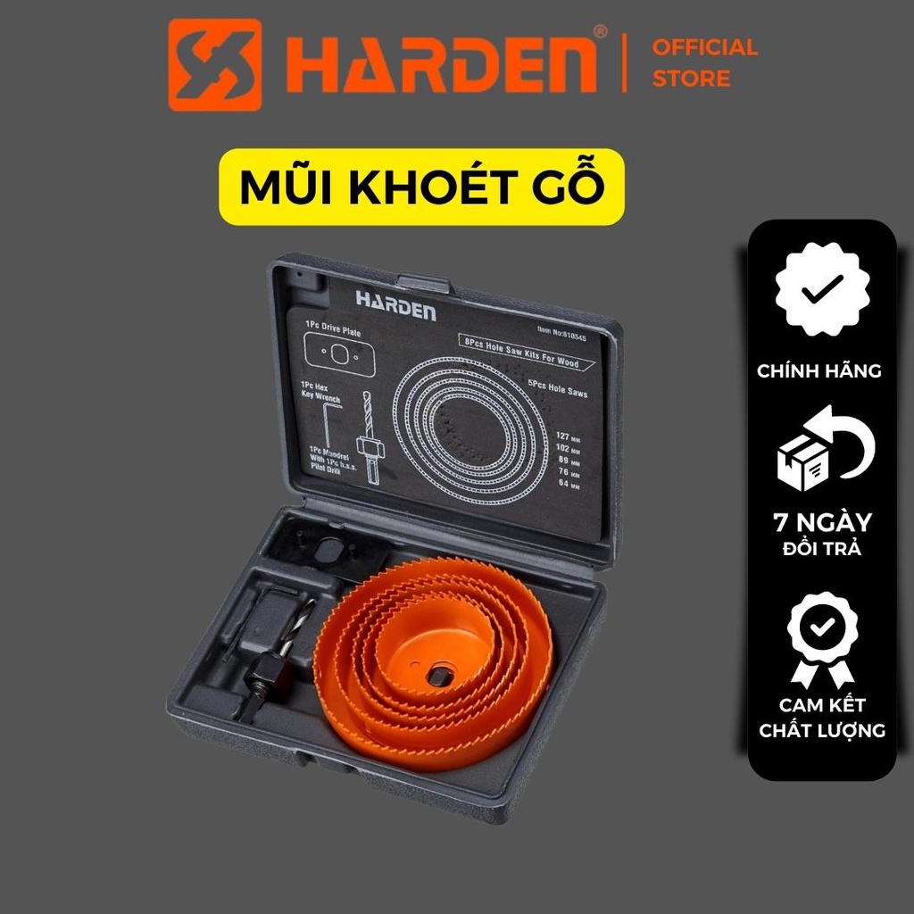 Bộ khoét lỗ tròn mũi khoét gỗ HARDEN 16 chi tiết (Gỗ, Thạch Cao, Nhôm)