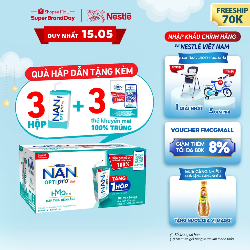 [FMCGMALL -8% đơn từ 250K]  Thùng 24 Hộp Sữa Dinh Dưỡng Pha Sẵn Nestlé NAN OPTIPRO Kid 3x(8x180ml) - MUA 7 TẶNG 1