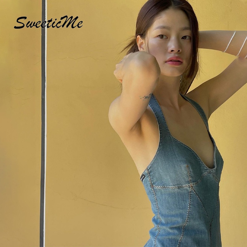 Đầm Dây Denim Cổ Yếm Có Khóa Kéo Kiểu Mới SweeticMe   Dành Cho Bạn Nữ