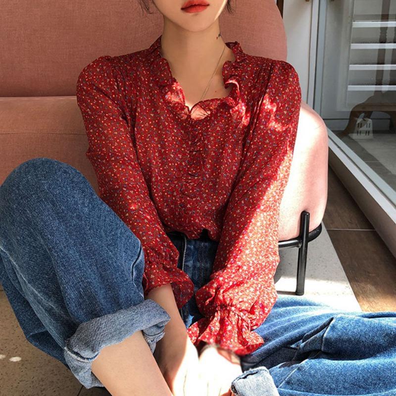 Áo Nữ Tay Dài Cổ Chữ V Họa Tiết Hoa Thời Trang Xinh Xắn Phong Cách Hàn Quốc