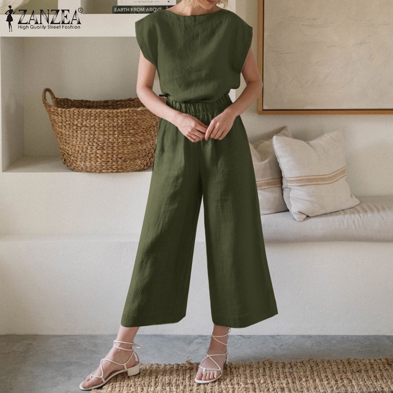 Set ZANZEA áo thun ngắn tay cổ tròn và quần dài ống rộng thời trang cho nữ