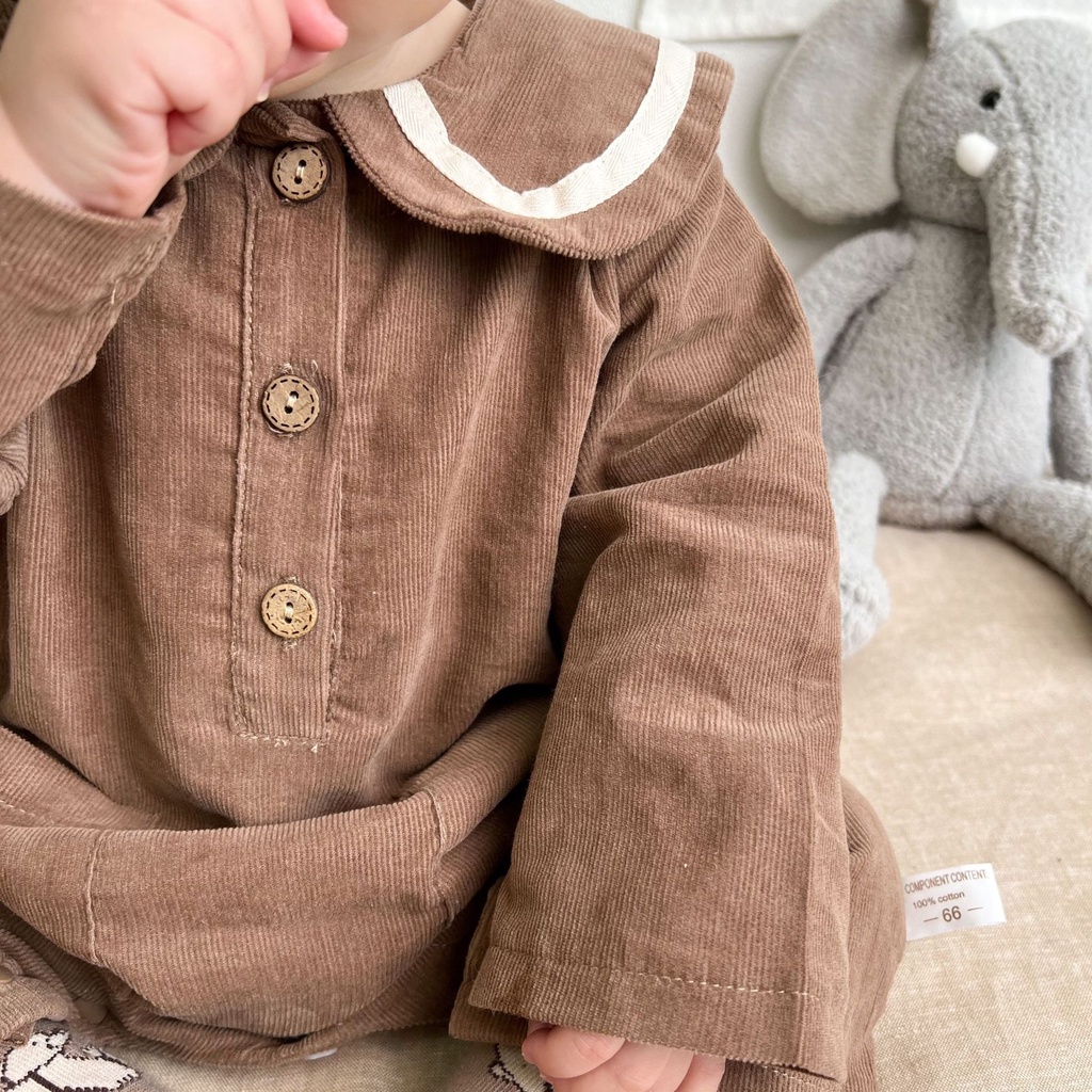 Bộ Đồ Leo Núi Vải Nhung Kẻ Cổ Búp Bê Phong Cách Hàn Quốc Mùa Thu
