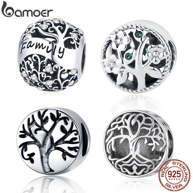 Mặt trang sức Bamoer BSC489 bằng bạc 925 họa tiết cây gia đình 5 kiểu thời trang dùng làm vòng tay dây chuyền DIY