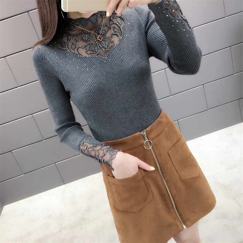 Áo len nữ phối ren hoa hồng hàng Quảng Châu mịn đẹp