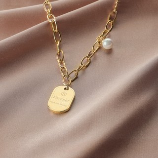 Vòng Cổ Neulry Chất Liệu Thép Không Gỉ Mặt Khắc Chữ Forever Love Me Phối Ngọc Trai Cho Phụ Nữ